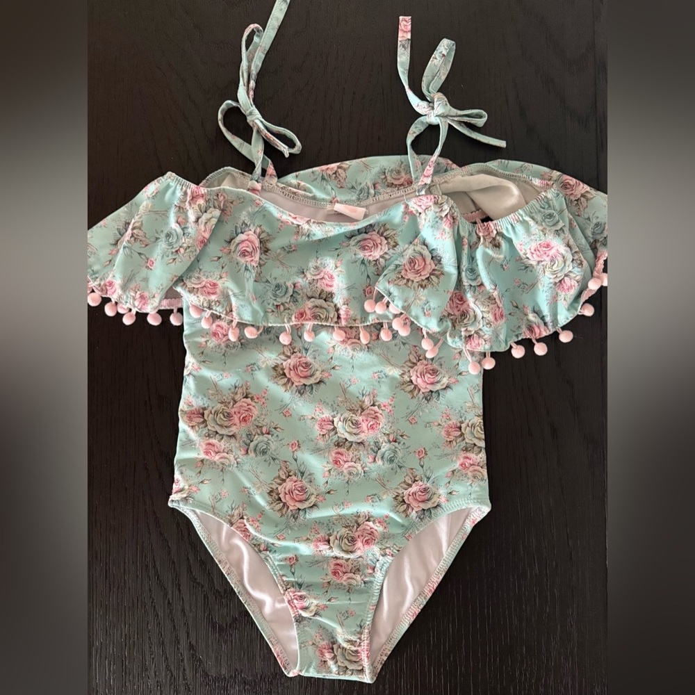 Floral Mint and Pink Kids Shabby Chic One Piece Swimsuit